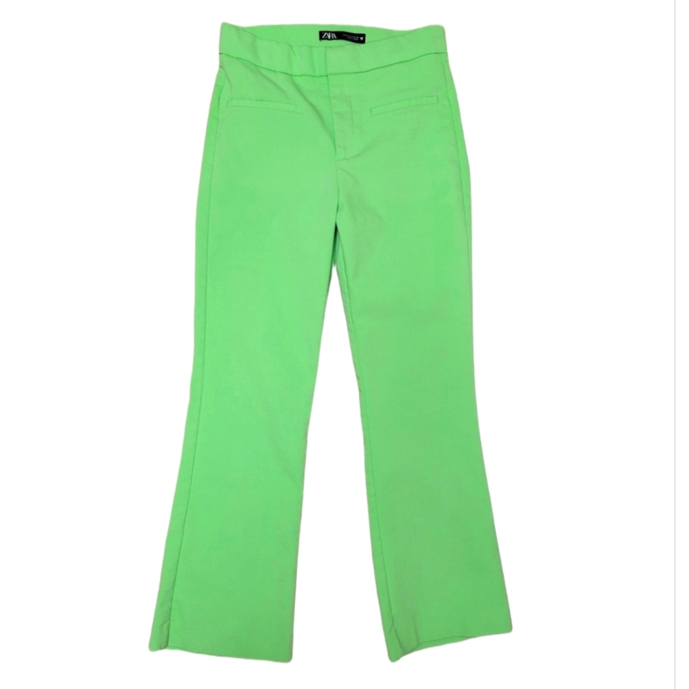 Zara Green Stretch Pull On Cropped Flare Ankle Pants Small Work Trousers